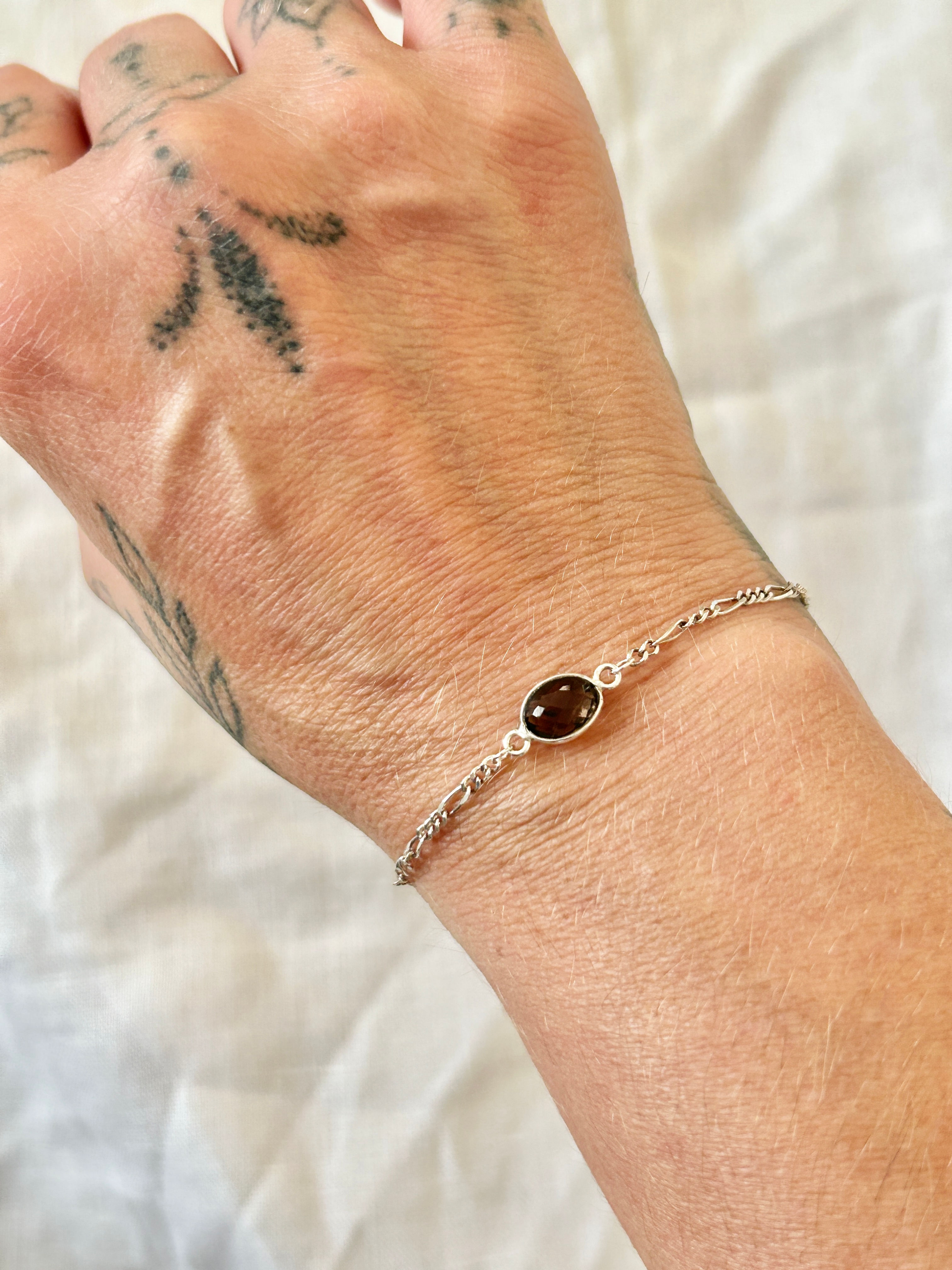 Smoky Quartz Figaro Chain Bracelet in Sterling Silver.
