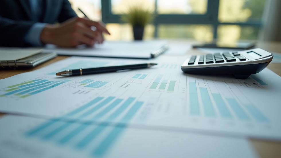 Eye-level view of a neat desk with financial documents and a calculator