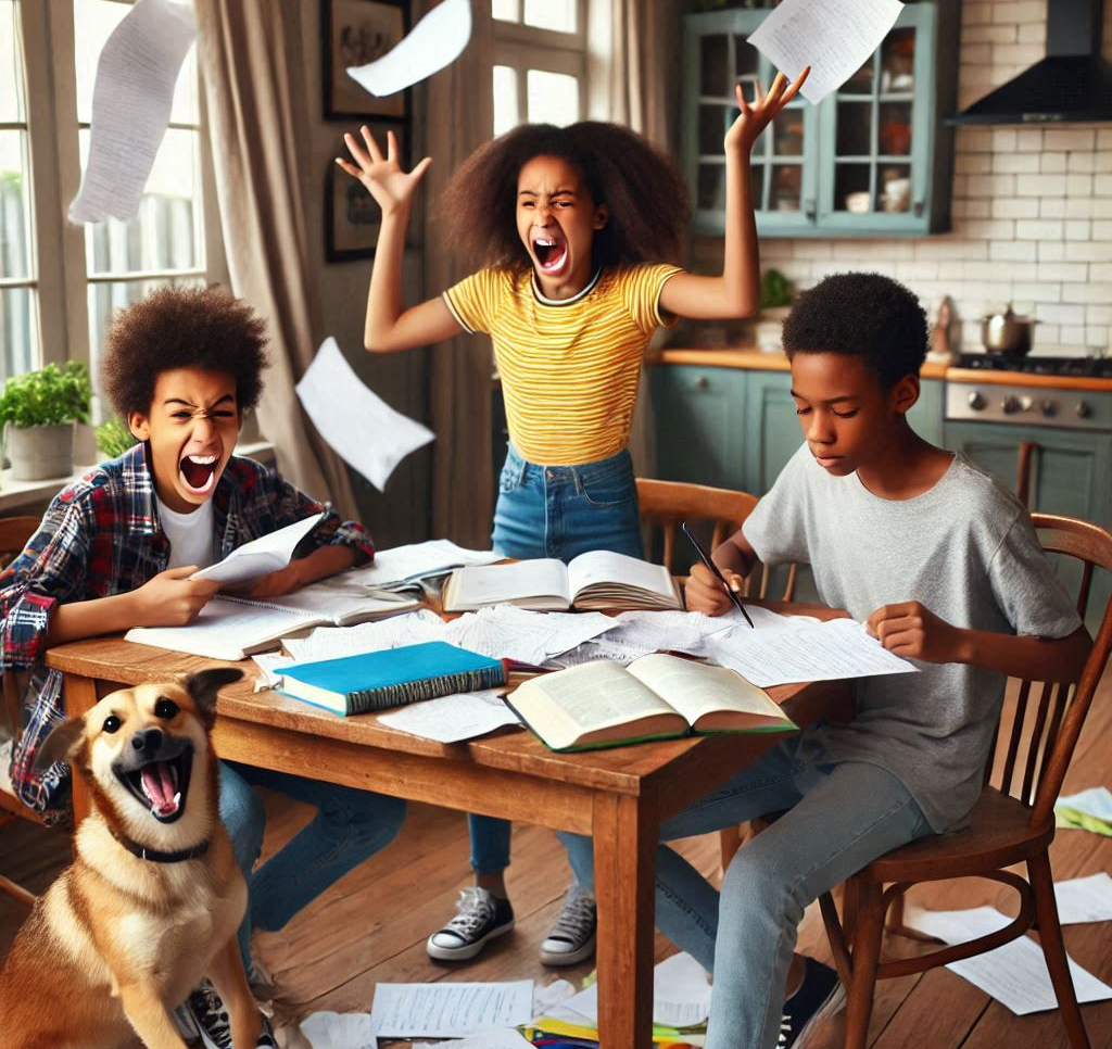 teenage African American children at the table during chaotic banter, with homework paper