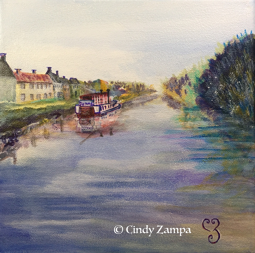 Acrylic painting of a paddleboat on canal in Damme, Belgium