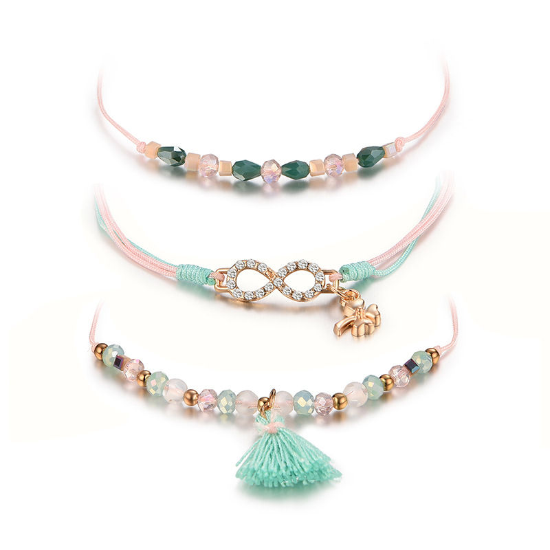 Thumbnail: Infinite Luck 3 PC Adjustable Turquoise and Pink Tassel Bracelet Set