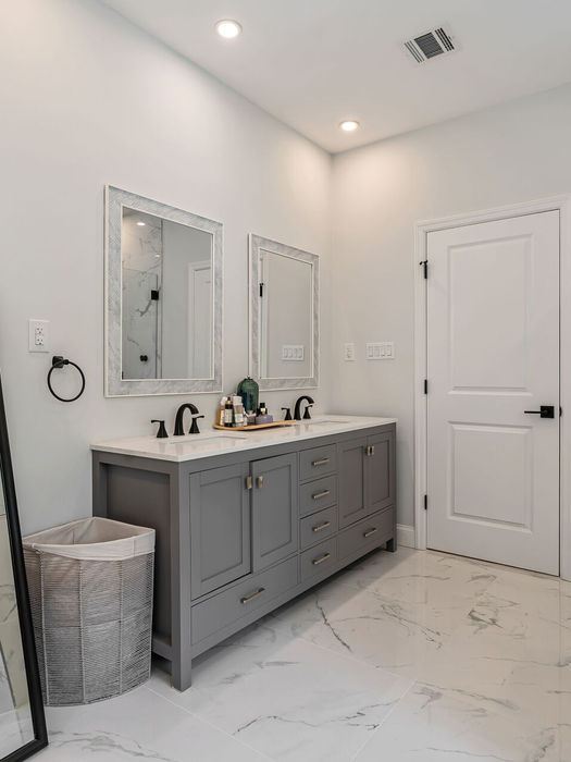 Luxury primary bathroom with oversized vanity, modern finishes, and spa-inspired design in River Edge NJ rental