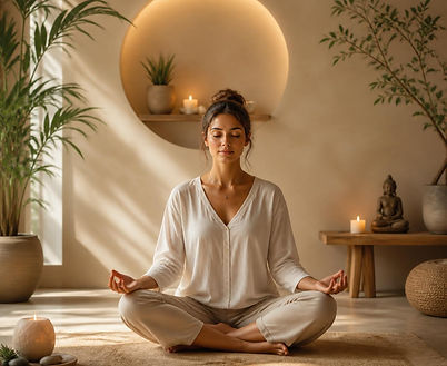 relaxation et méditation, femme assise en posture méditative dans un espace zen, ambiance
