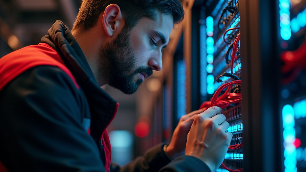 Close-up view of a technician working on network cables