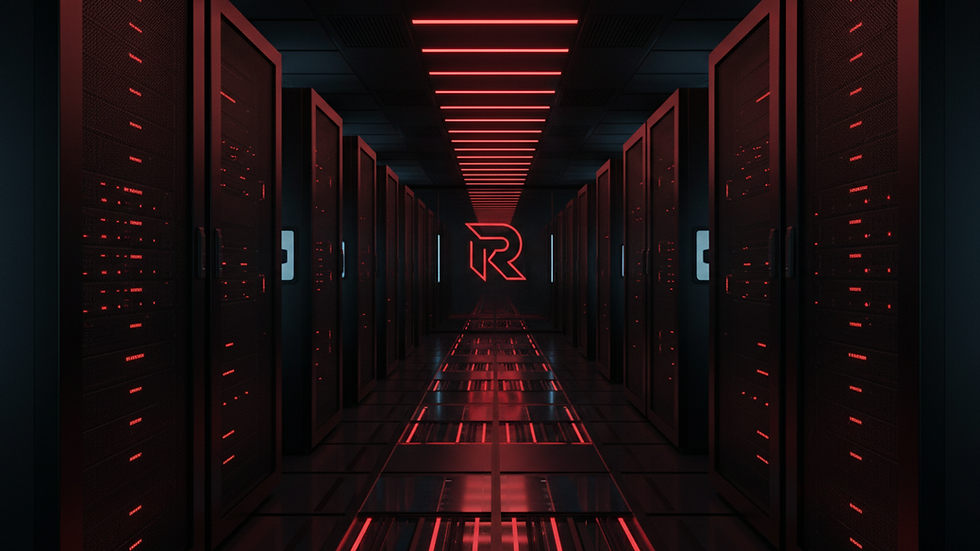 Eye-level view of a modern office server room with blinking lights