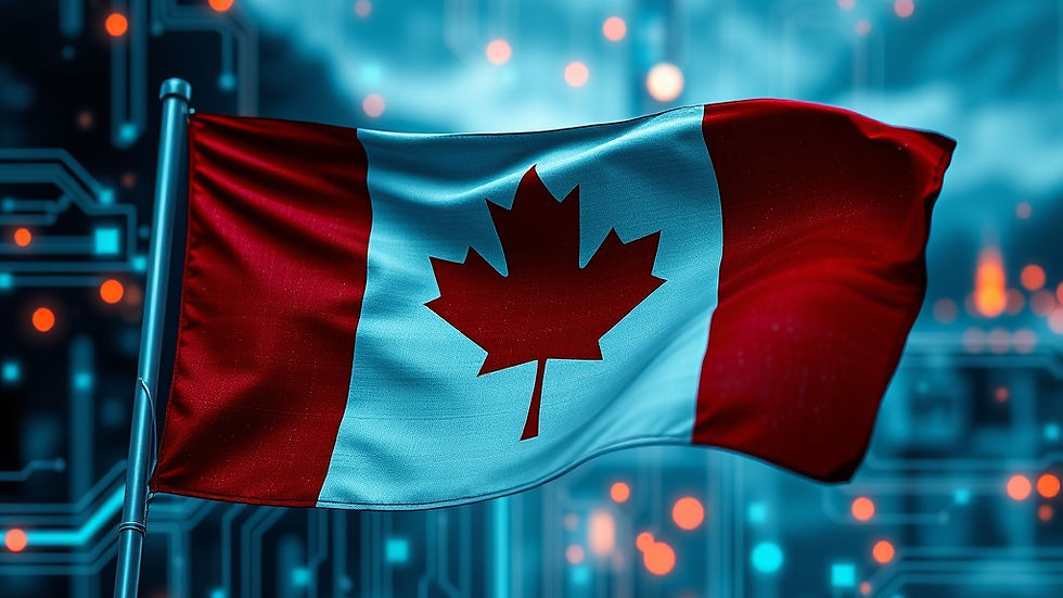 Canadian flag waving with a digital, circuit-patterned backdrop. Blue and orange lights add a futuristic feel. Mountain silhouettes in background.