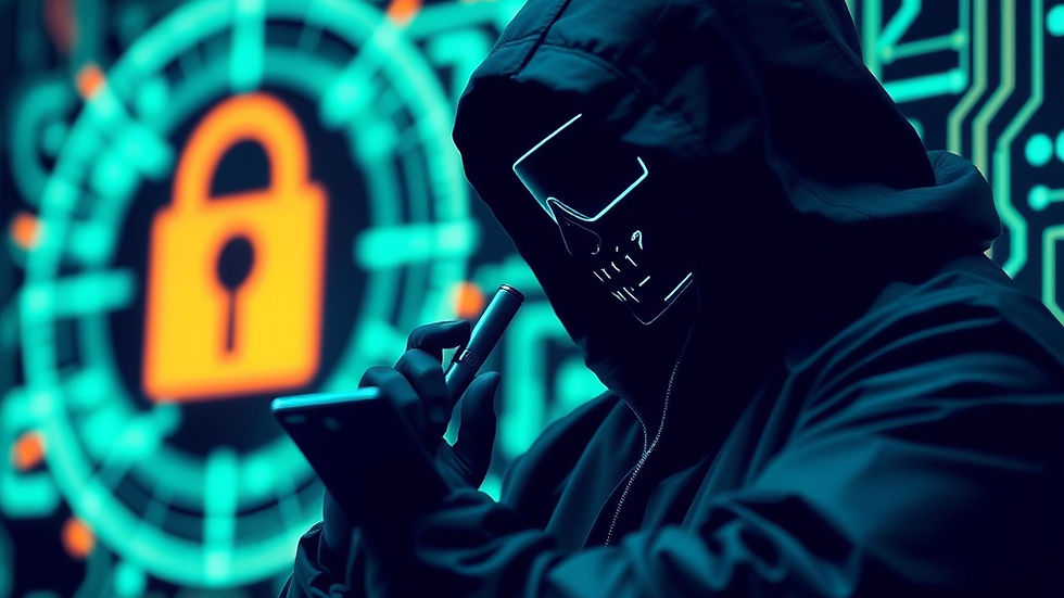 Hooded figure with neon mask using a smartphone in front of a digital lock background, evoking a mysterious and tech-savvy mood.