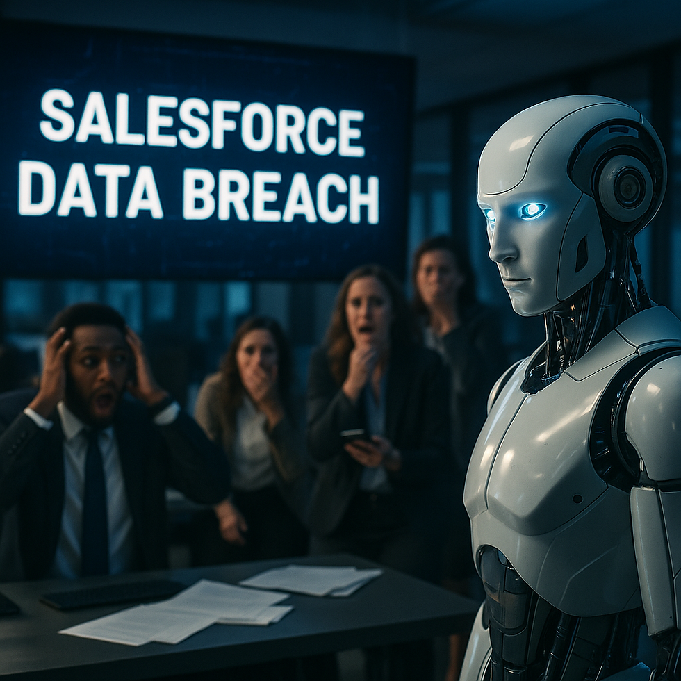 Robot in an office with shocked people behind it. Screen displays "SALESFORCE DATA BREACH." Dim lighting, tense atmosphere.