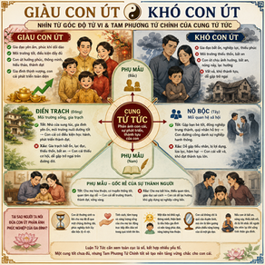 GIÀU CON ÚT – KHÓ CON ÚT: NHÌN TỪ GÓC ĐỘ TỬ VI VÀ TAM PHƯƠNG TỨ CHÍNH CỦA CUNG TỬ TỨC