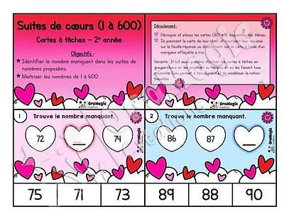 Cartes à tâches - Suites de coeurs - 2e année