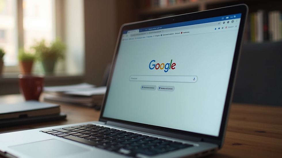 Eye-level view of a laptop screen showing a Google search page