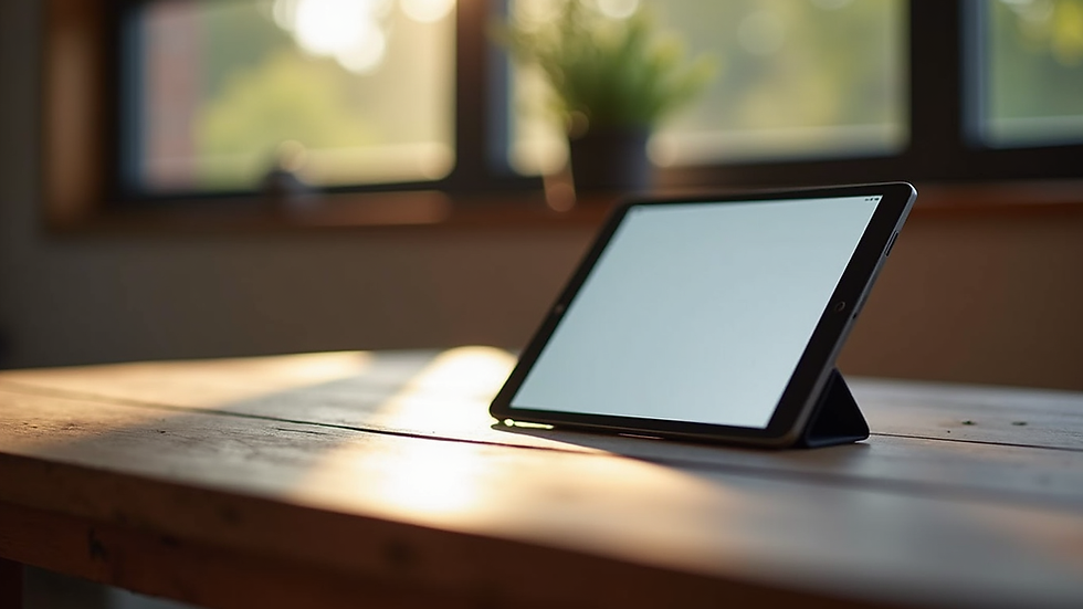 Nahaufnahme eines Tablets auf einem Holztisch mit geöffneter Lern-App