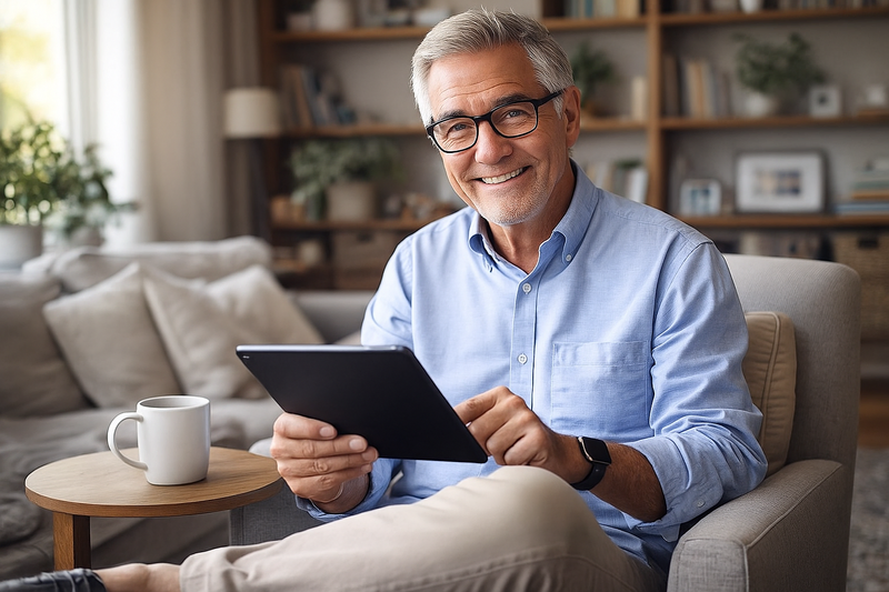 Reifer Mann mit eBook Reader
