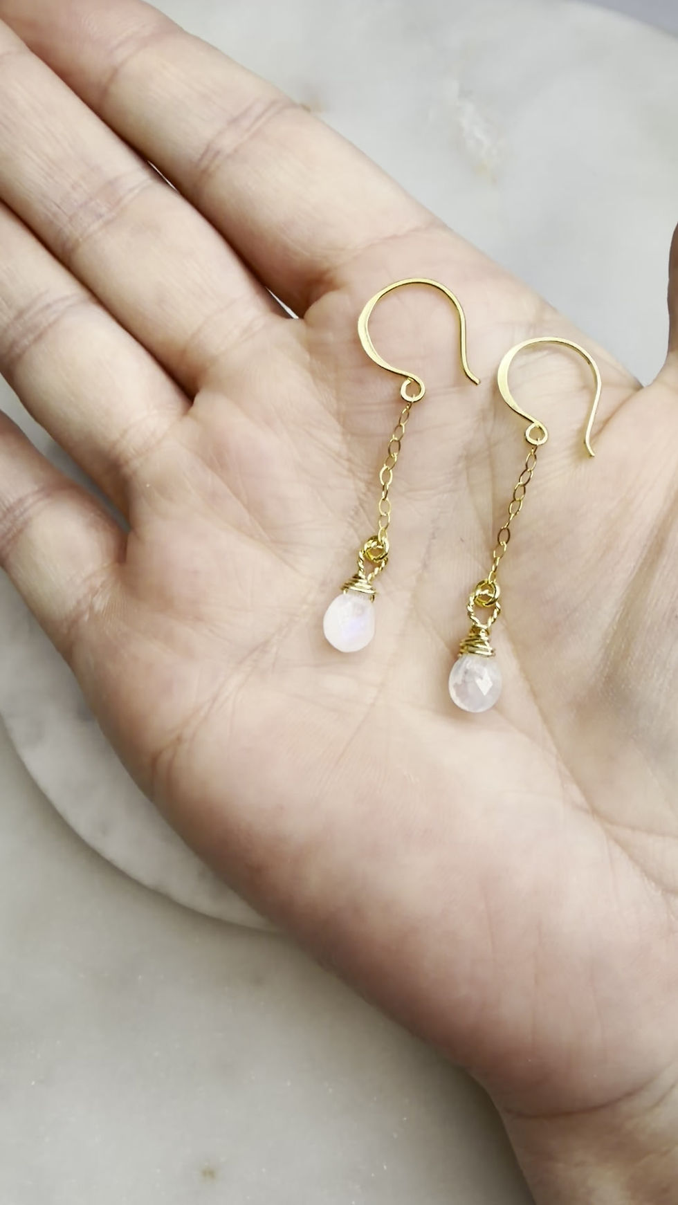 Thumbnail: 14k Gold Over 925 Sterling Silver Moonstone Dangle Hook Earrings 