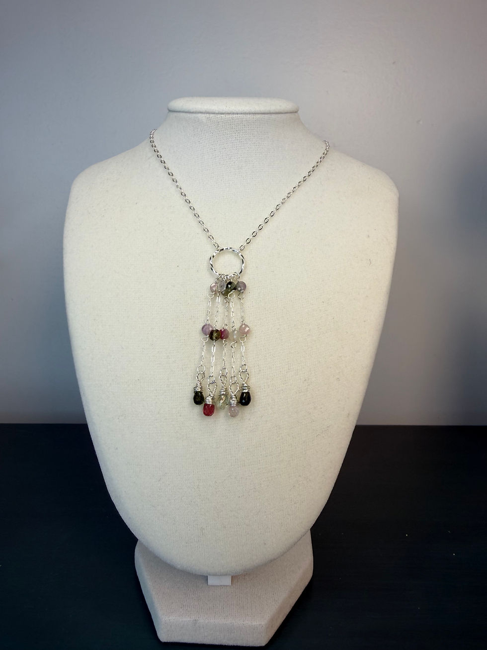 Thumbnail: 925 Sterling Silver Mixed Tourmaline Gemstone Circle Necklace 
