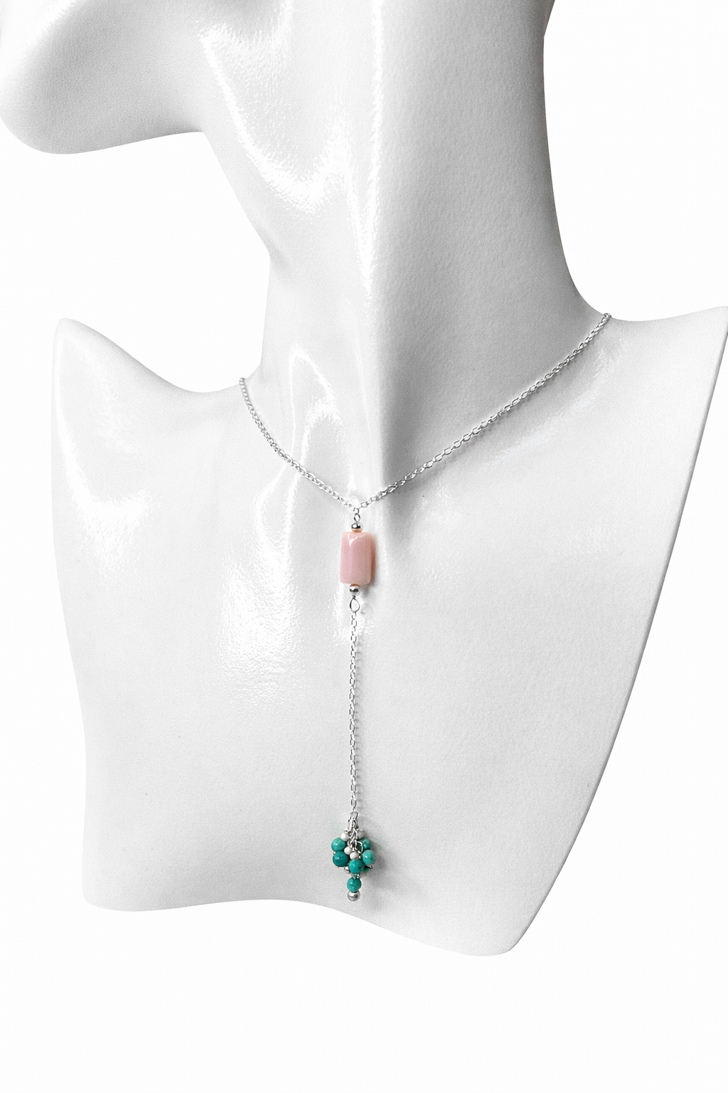 925 Sterling Silver Pink Opal & Turquoise Lariat Necklace