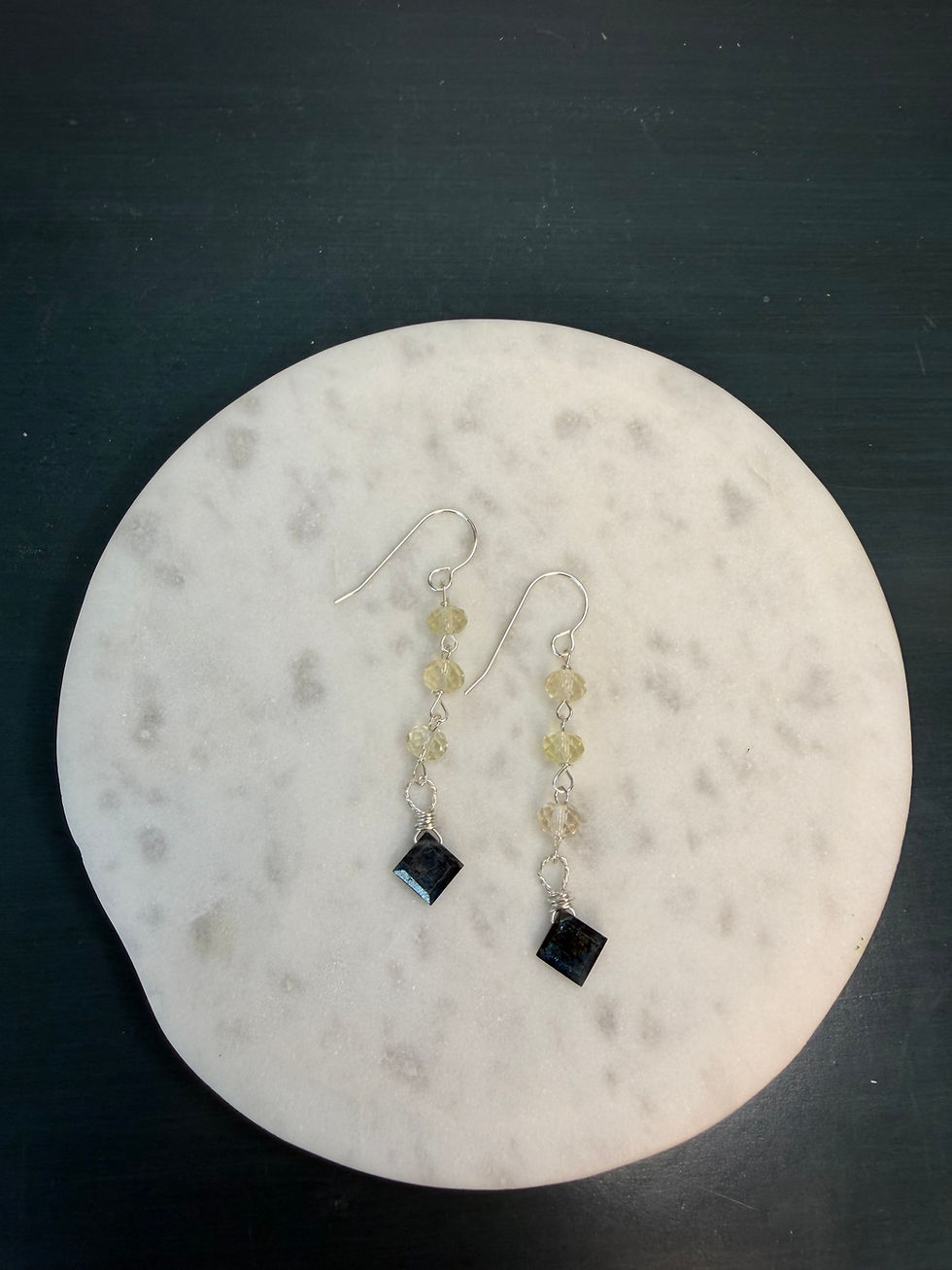 Thumbnail: 925 Sterling Silver Lemon Quartz & Moss Kyanite Gemstone Hook Dangle Earrings 