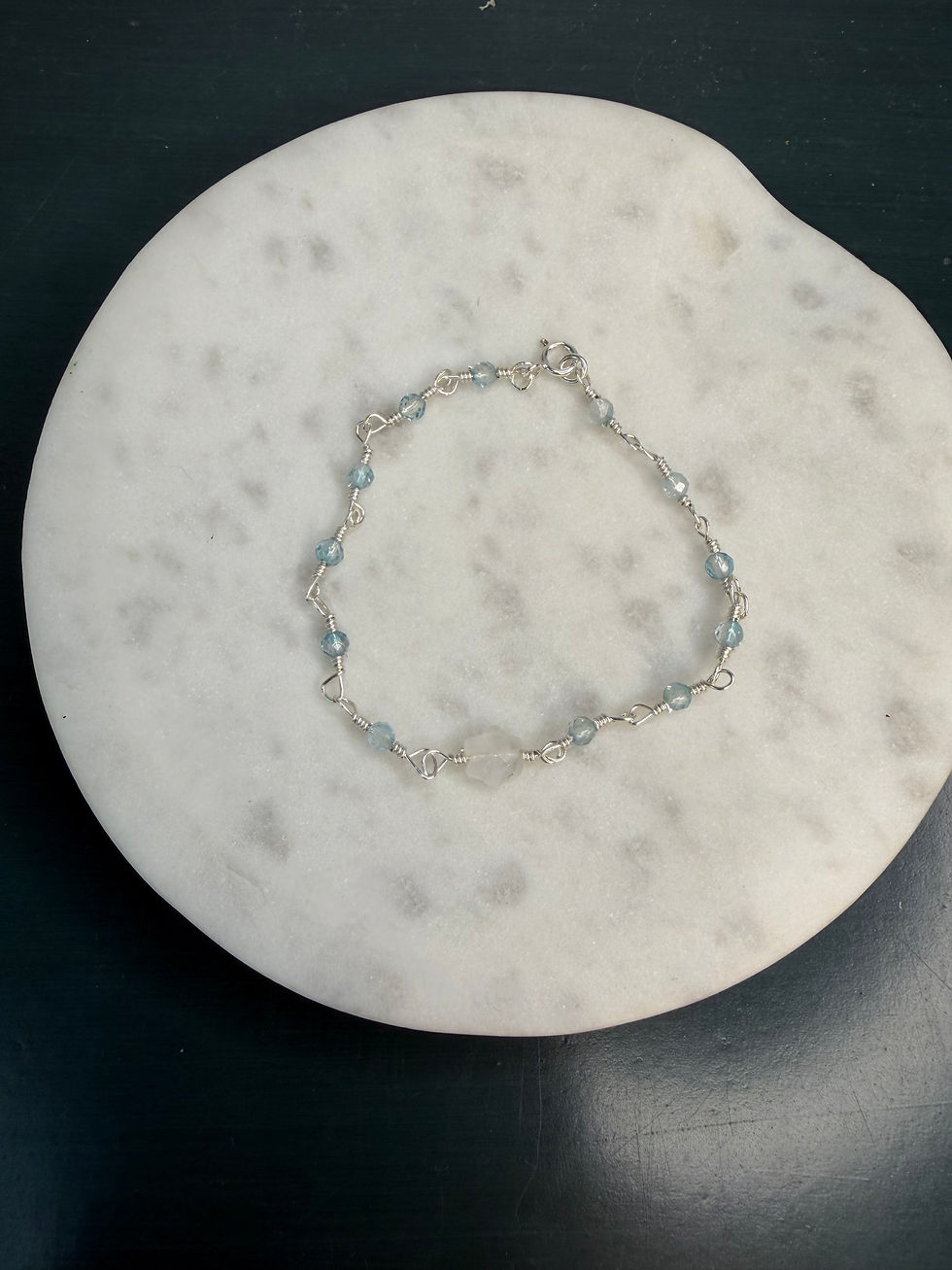 Thumbnail: 925 Sterling Silver Wore Wrapped Blue Topaz & Moonstone Star Gemstone Bracelet 