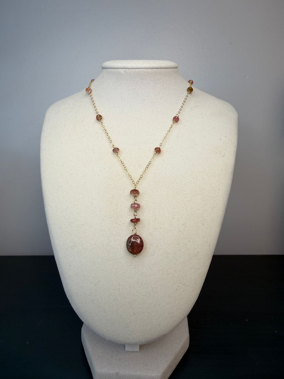 Thumbnail: Gold Filled Watermelon Tourmaline Gemstone Lariat Necklace 