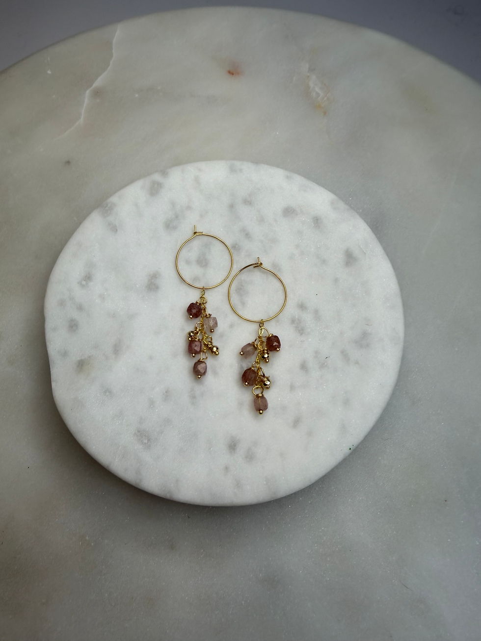 Thumbnail: 14k Gold Over 925 Sterling Silver Strawberry Quartz Cluster Hoop Earrings 