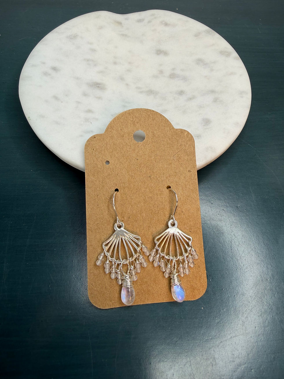 Thumbnail: 925 Sterling Silver Moonstone Fan Hook Dangle Earrings 
