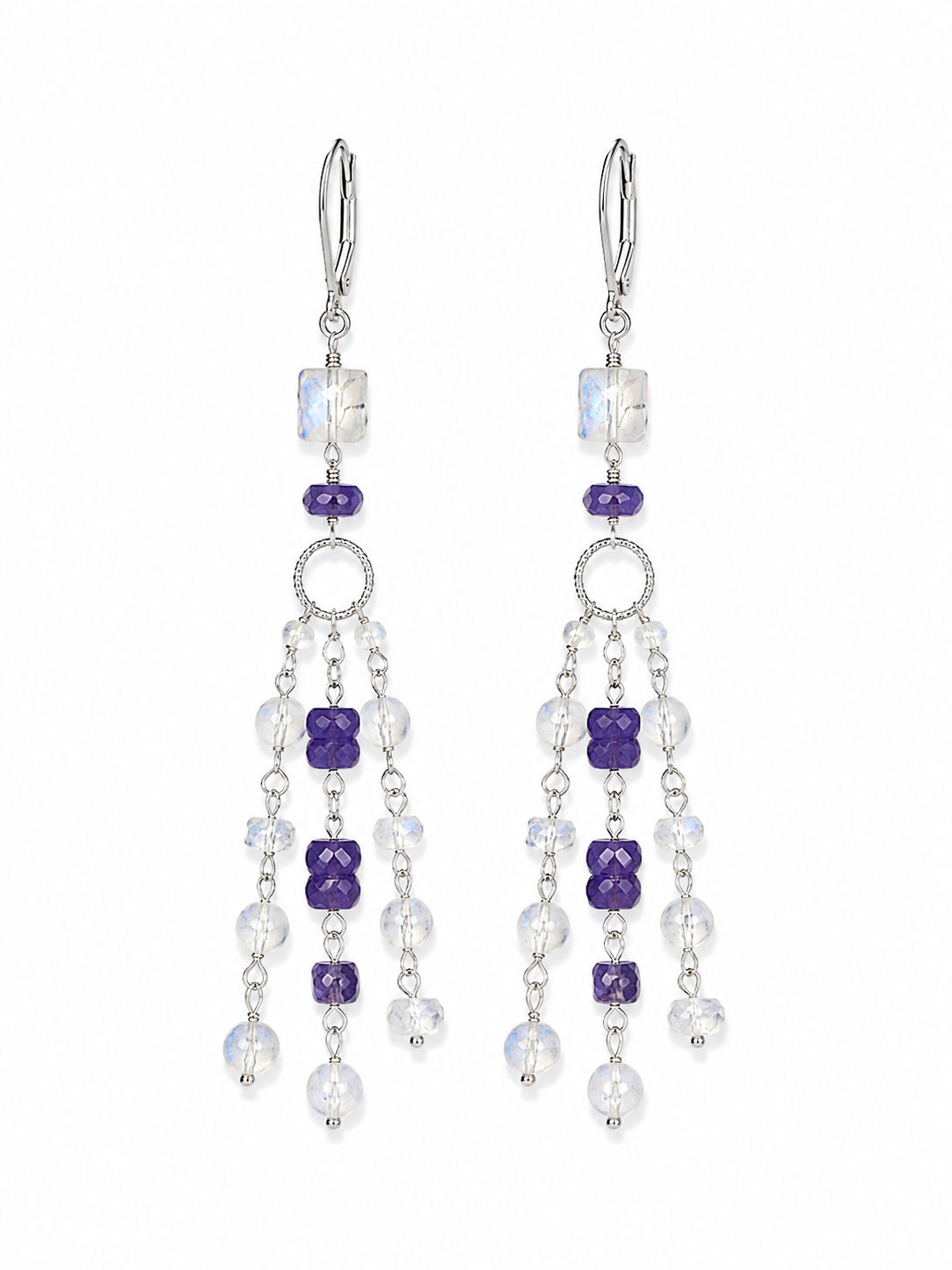 925 Sterling Silver Moonstone & Tanzanite Gemstone Hook Dangle Earrings 