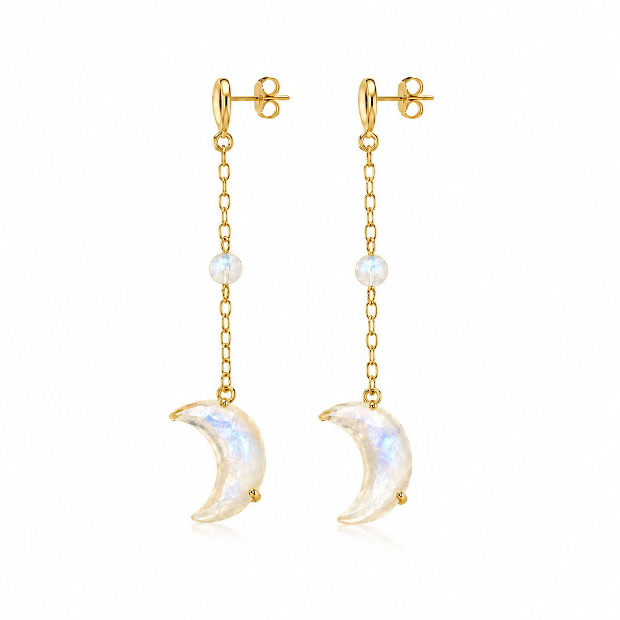 Gold Filled Moonstone Moon Push Back Dangle Earrings 