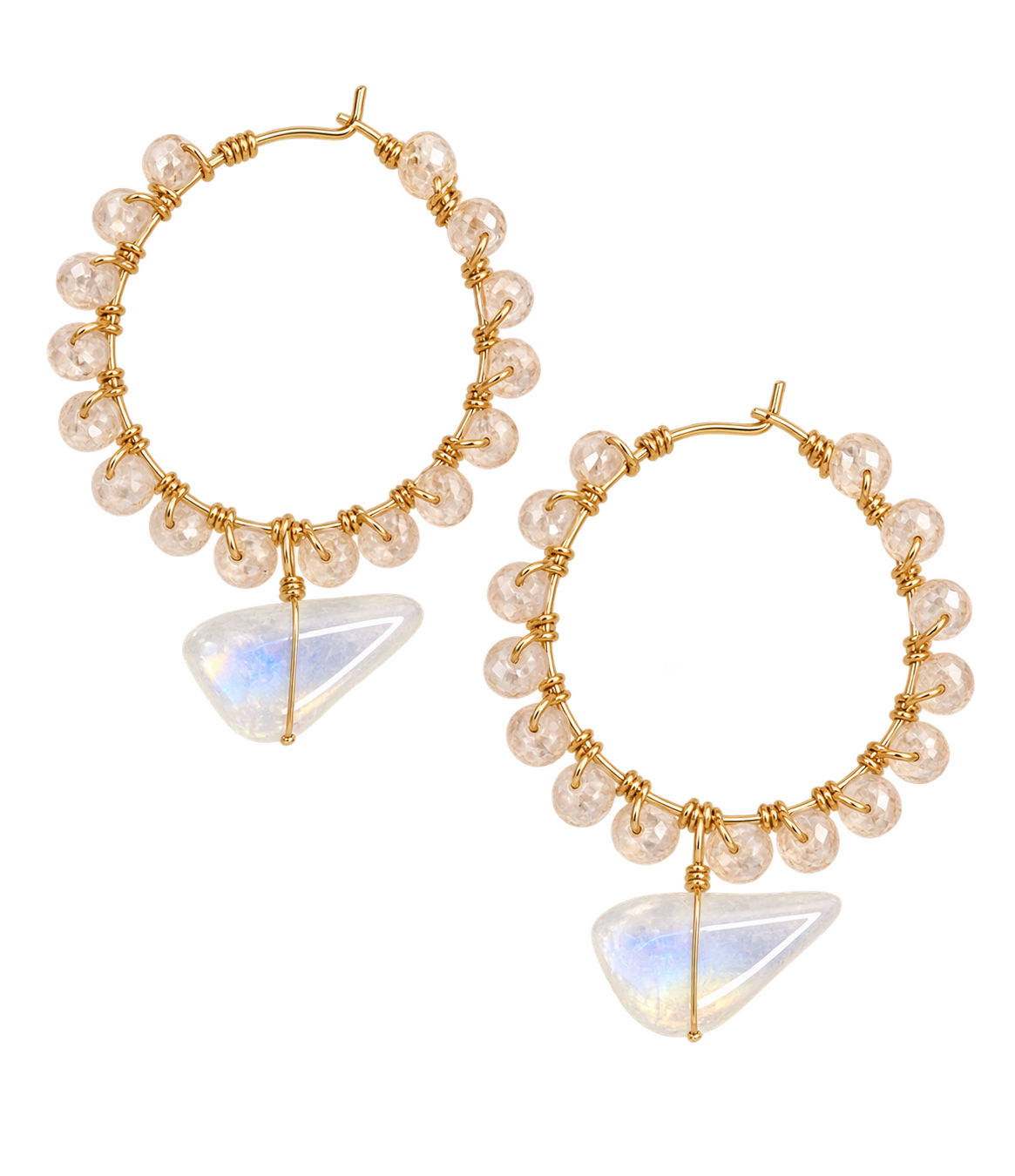 Gold Filled Wire Wrapped Rose Quartz & Moonstone Gemstone Hoop Earrings