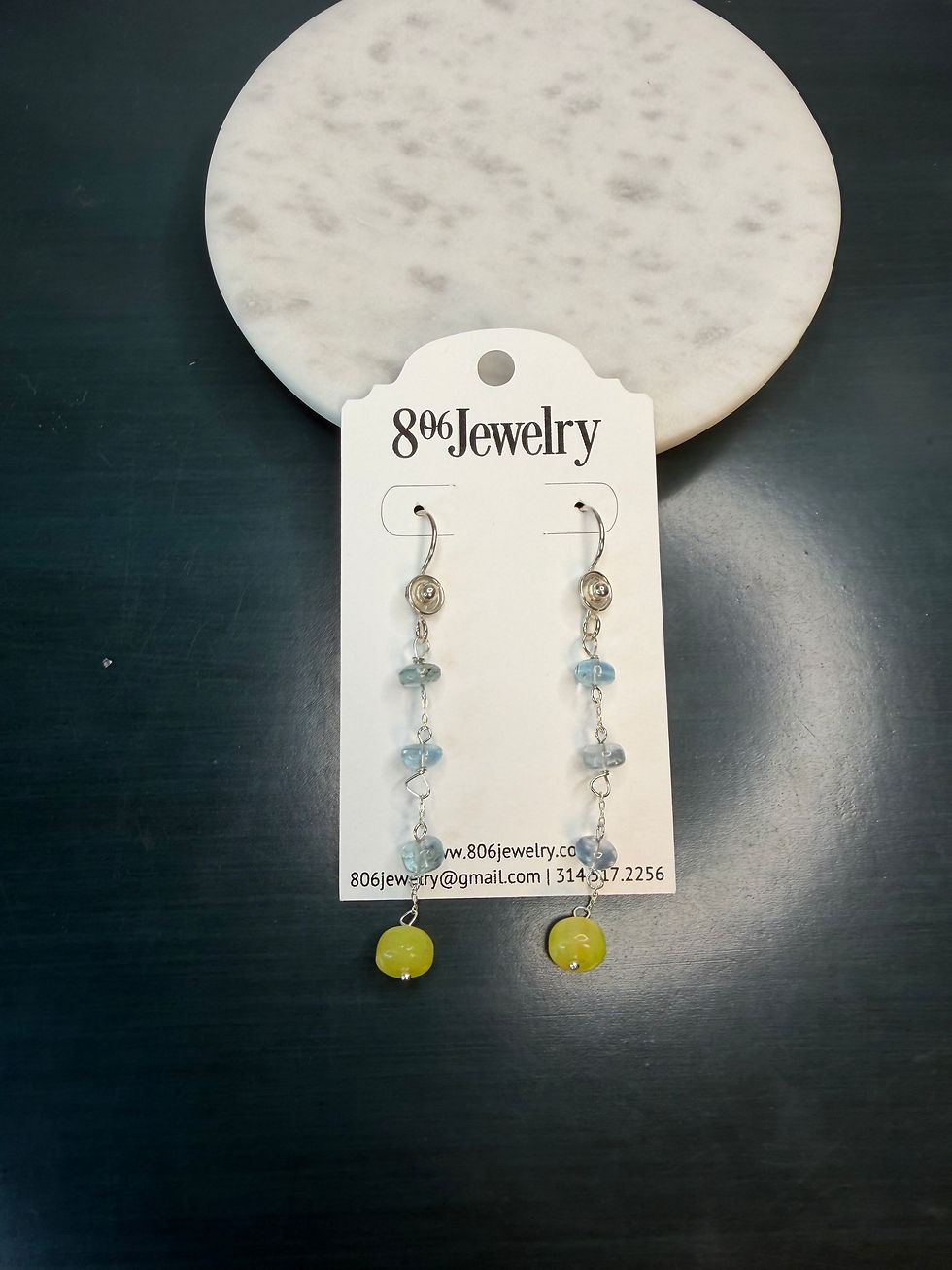 Thumbnail: 925 Sterling Silver Aquamarine & Yellow Jade Gemstone Hook Dangle Earrings 