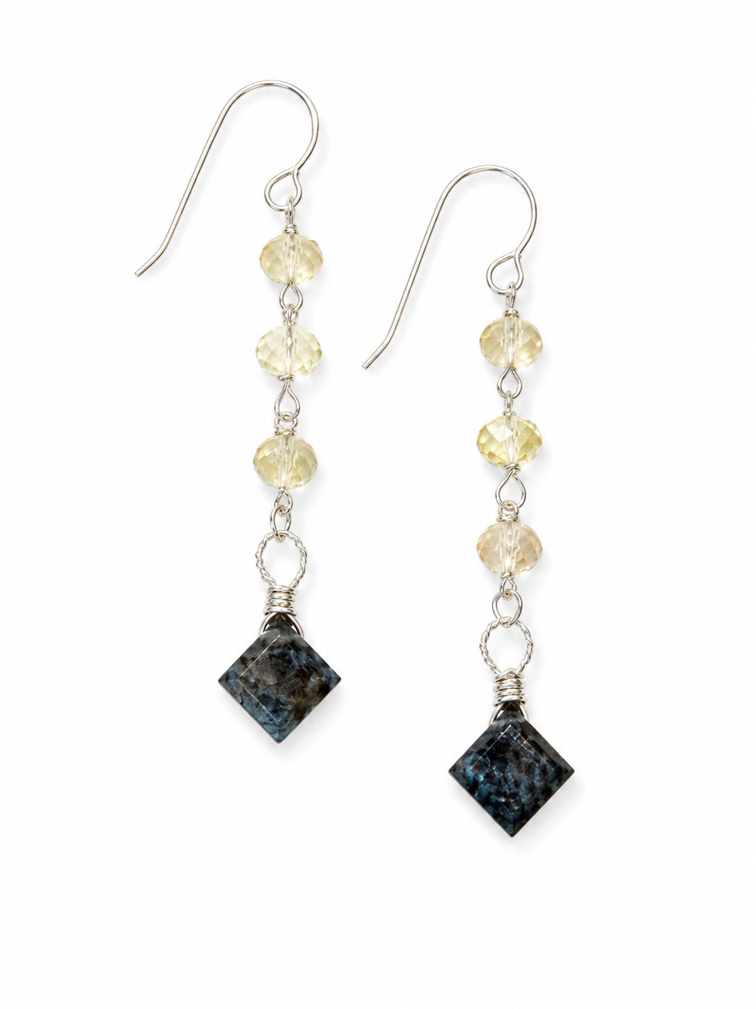 925 Sterling Silver Lemon Quartz & Moss Kyanite Gemstone Hook Dangle Earrings 