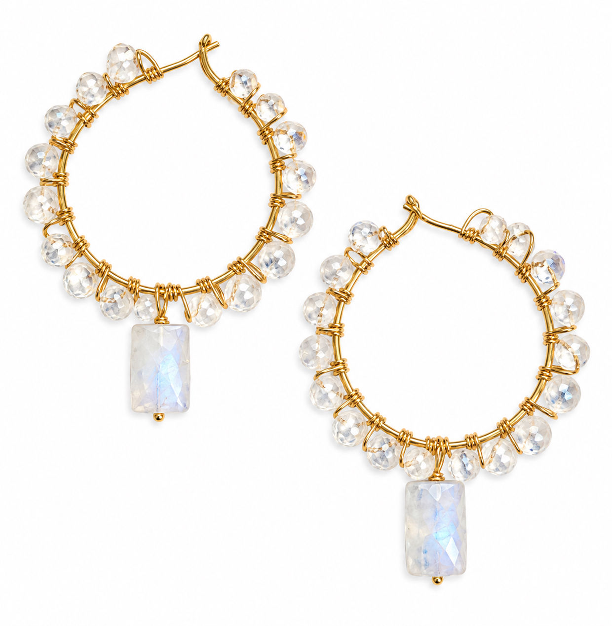 Gold Filled Wire Wrapped Moonstone Gemstone Hoop Earrings