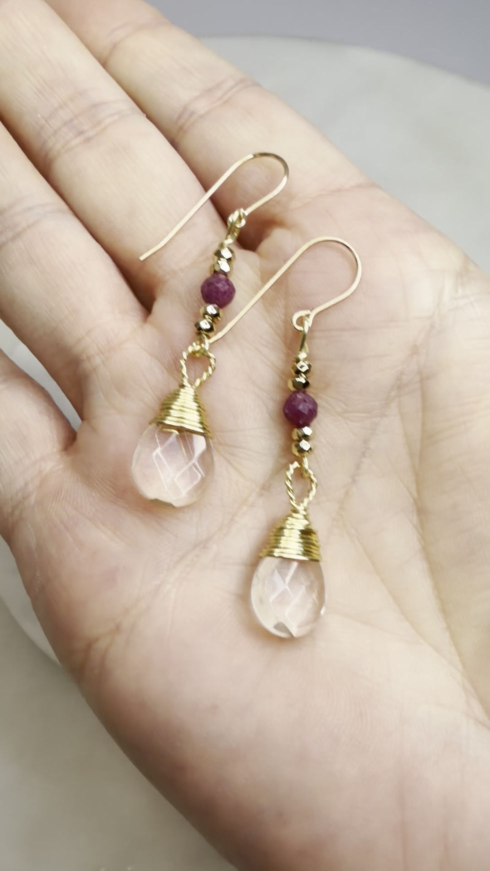 Thumbnail: 14k Gold Over 925 Sterling Silver Ruby/Hematite/Clear Quartz Hook Dangle Earring