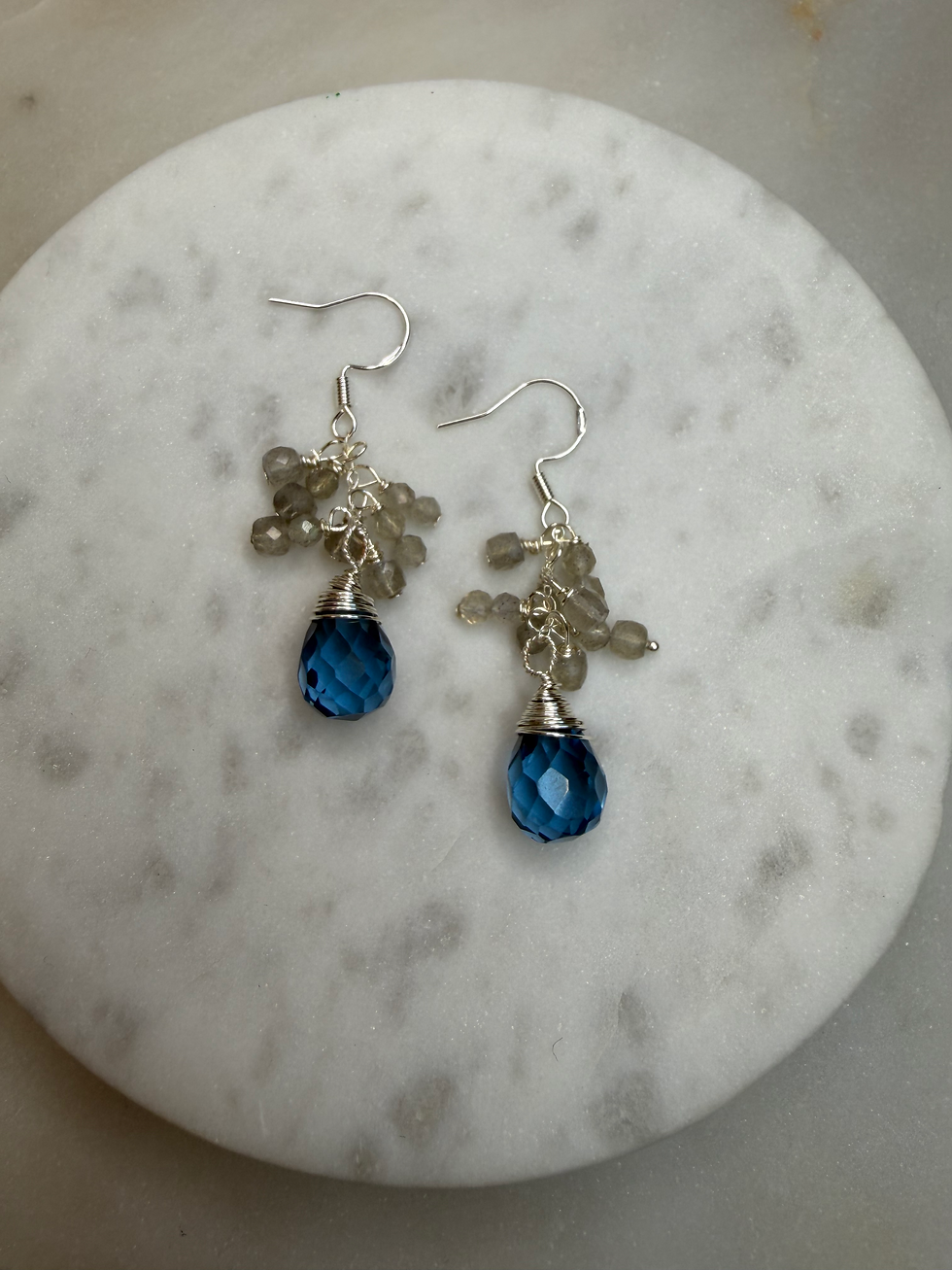 Thumbnail: 925 Sterling Silver London Blue Topaz & Labradorite Clustered Hook Earrings
