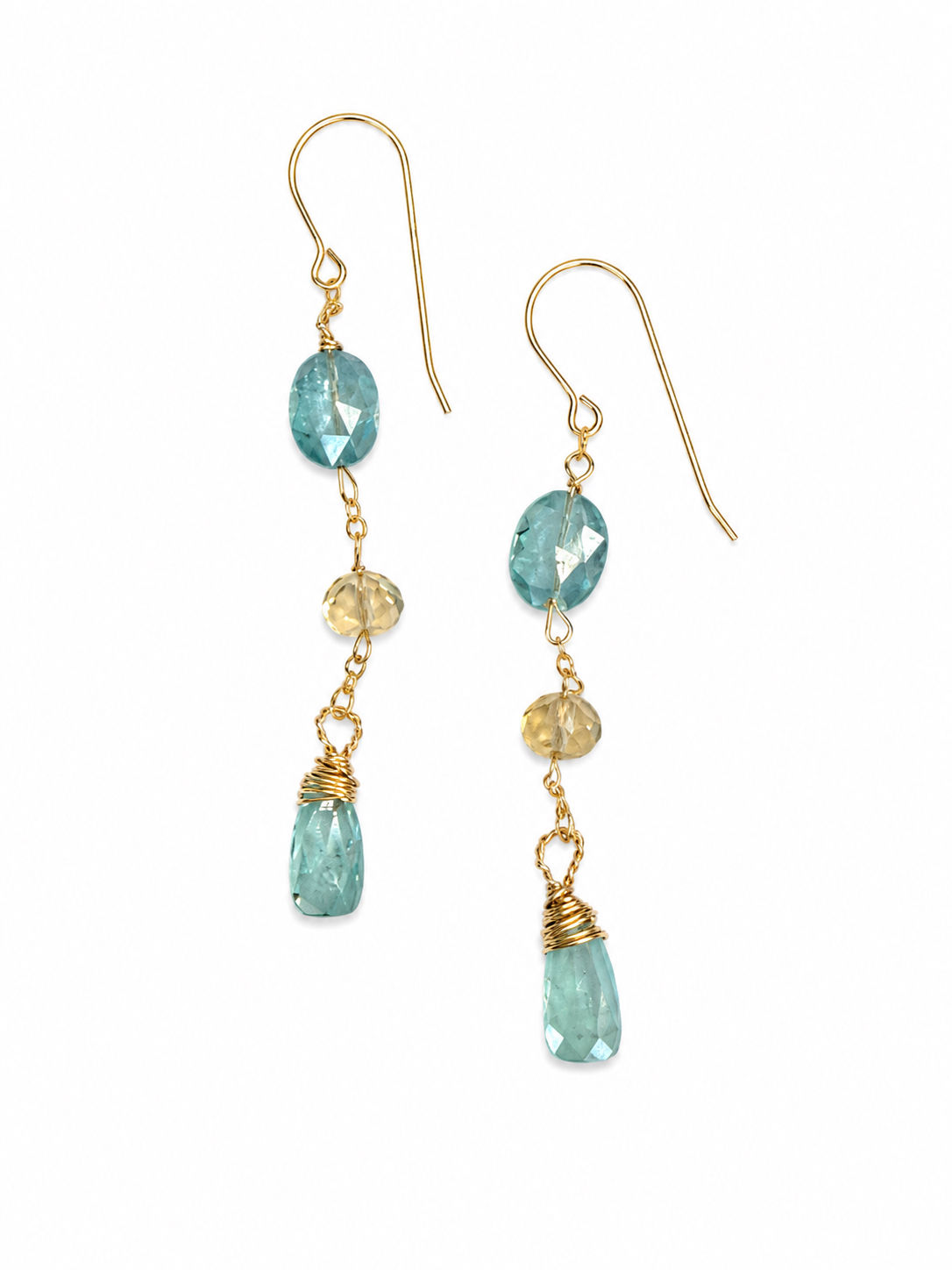 Gold Filled Kyanite & Lemon Quartz Gemstone Dangle Hook Earrings 