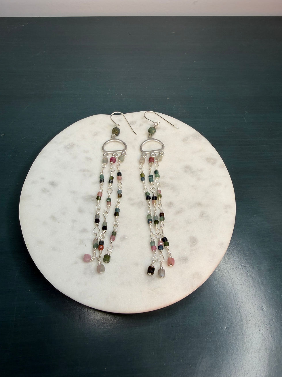 Thumbnail: 925 Sterling Silver Mixed Tourmaline Gemstone Hook Dangle Esr