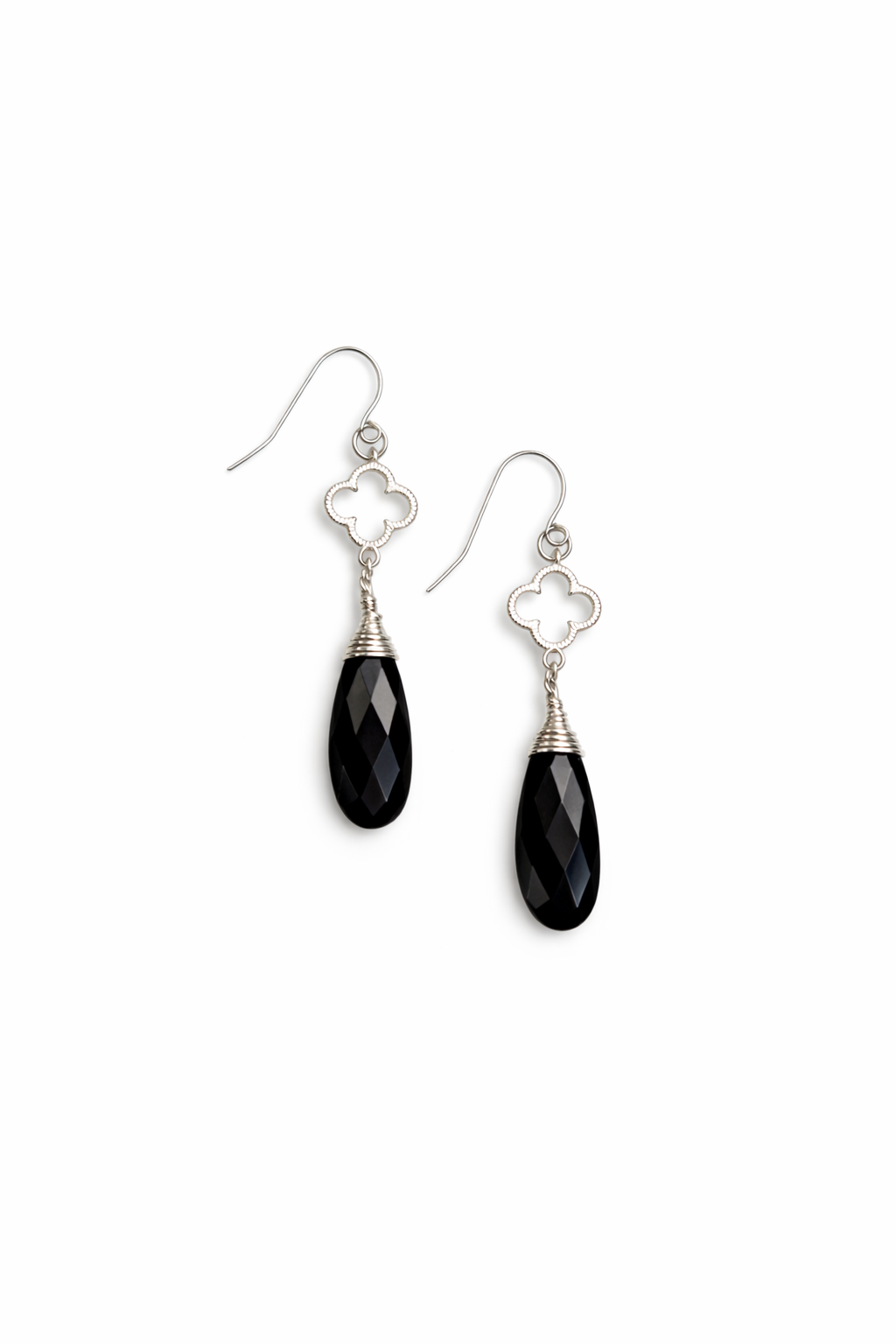 925 Sterling Silver Black Onyx Clover Gemstone Hook Earrings
