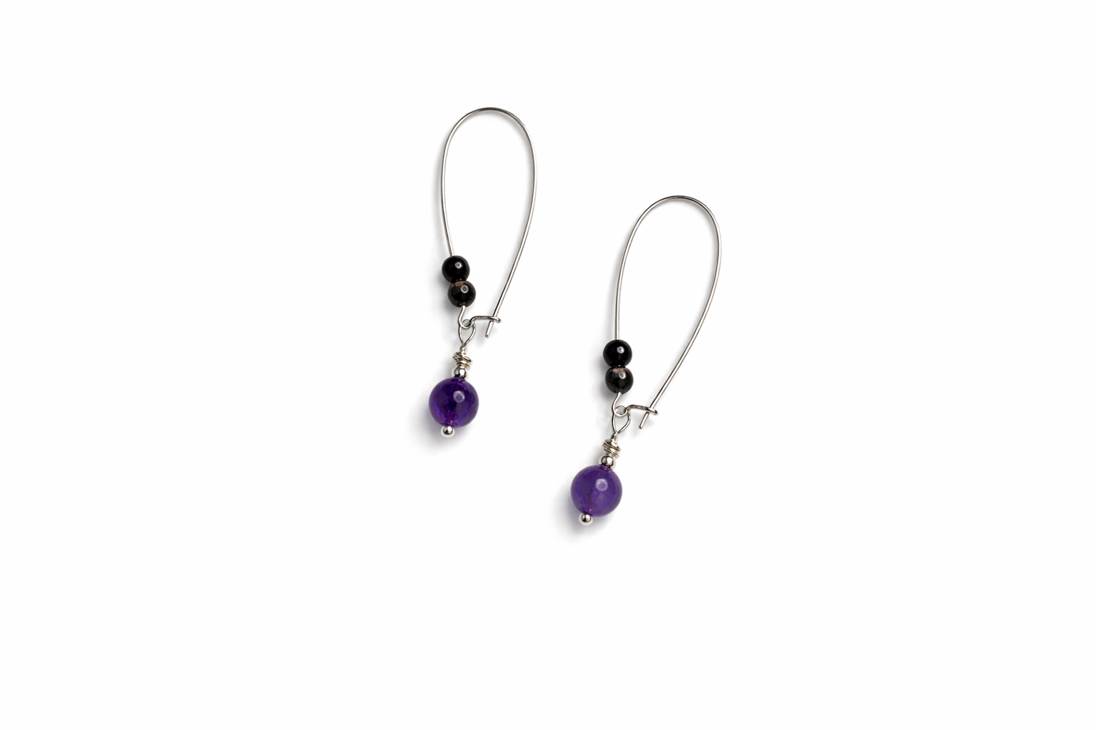 Solid 925 Sterling Silver Amethyst & Black Labradorite Teardrop Hoop Earrings