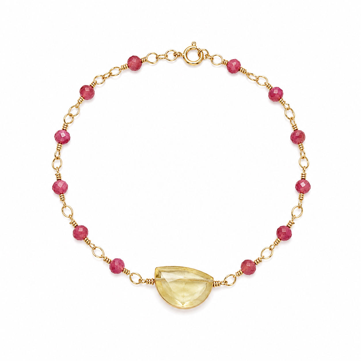 Gold Filled Wire Wrapped Pink Tourmaline & Lemon Quartz Gemstone Bracelet