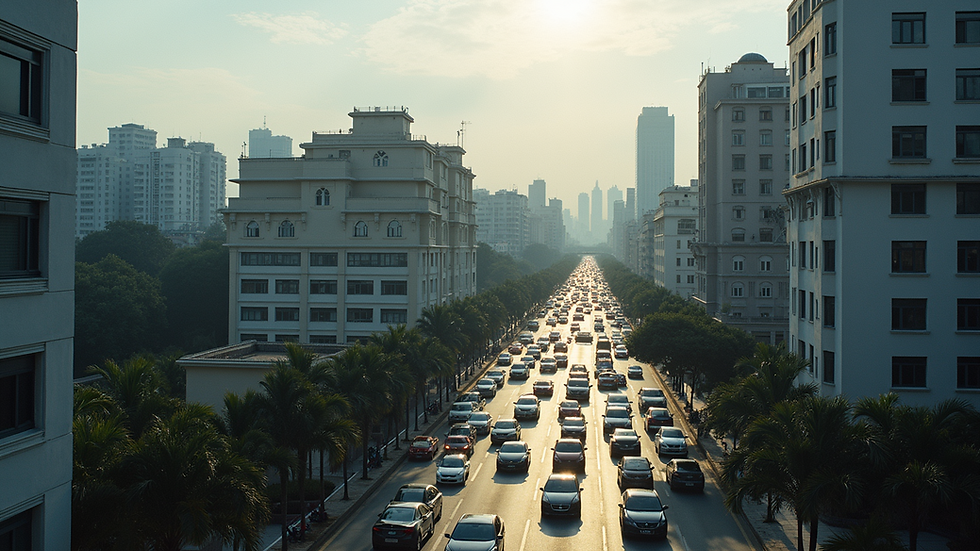 Busy city street with numerous cars in traffic, lined with palm trees. Tall buildings on each side under a sunlit, cloudy sky.