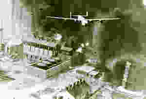 A B-24D Liberator flying over a burning oil refinery at Ploesti, Rumania, 1 August 1943. (Source: © IWM (UPL 15565))