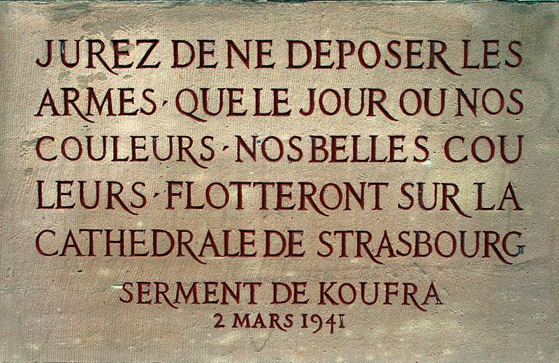 The text of the Oath of Kufra, which Leclerc made his troops swear to after capturing Kufra. (Source: Wikimedia)