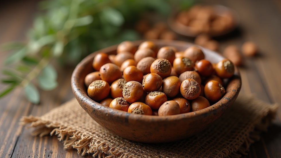 Eye-level view of argan nuts and oil in a rustic bowl