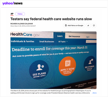 Healthcare.gov Feature Article by Yahoo! News via AP