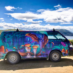 Streetart Gestaltung eines Vans mit Naturmotiven und Pilzillustrationen