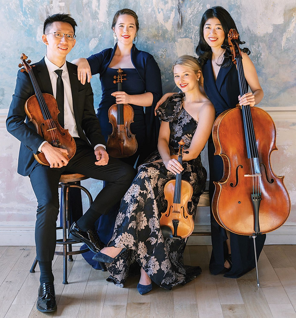 Right to left: Chih-Ta Chen, viola; Harriet Langley, violin; Amelia Dietrich, violin; and Audrey Chen, cello