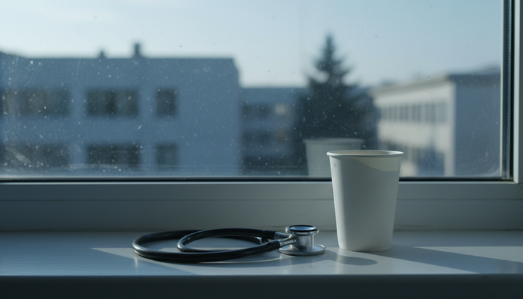 Close-up view of a folded stethoscope resting on a hospital windowsill.