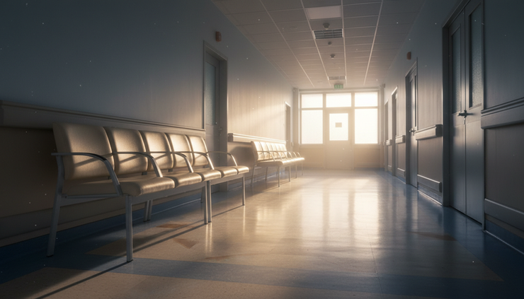 Wide-angle view of a quiet hospital hallway at dawn.