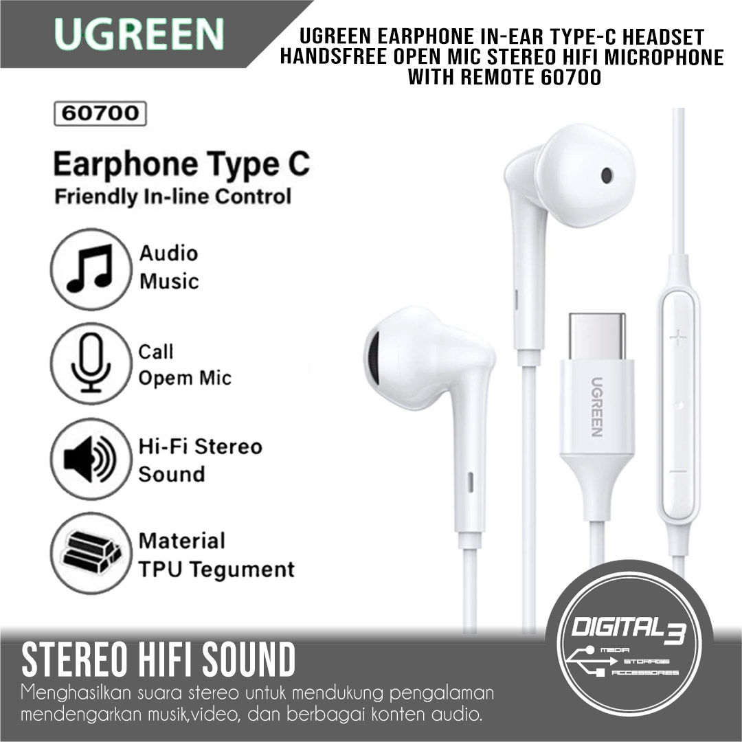 UGREEN 60700 Earphones Type-C In-Ear Stereo HiFi 1.2M Handsfree Headset with Mic