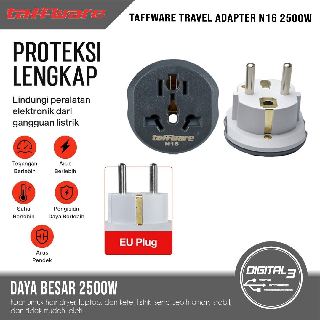 TAFFWARE Universal Travel Adapter 2500W International Plug - PZAD02BK N16