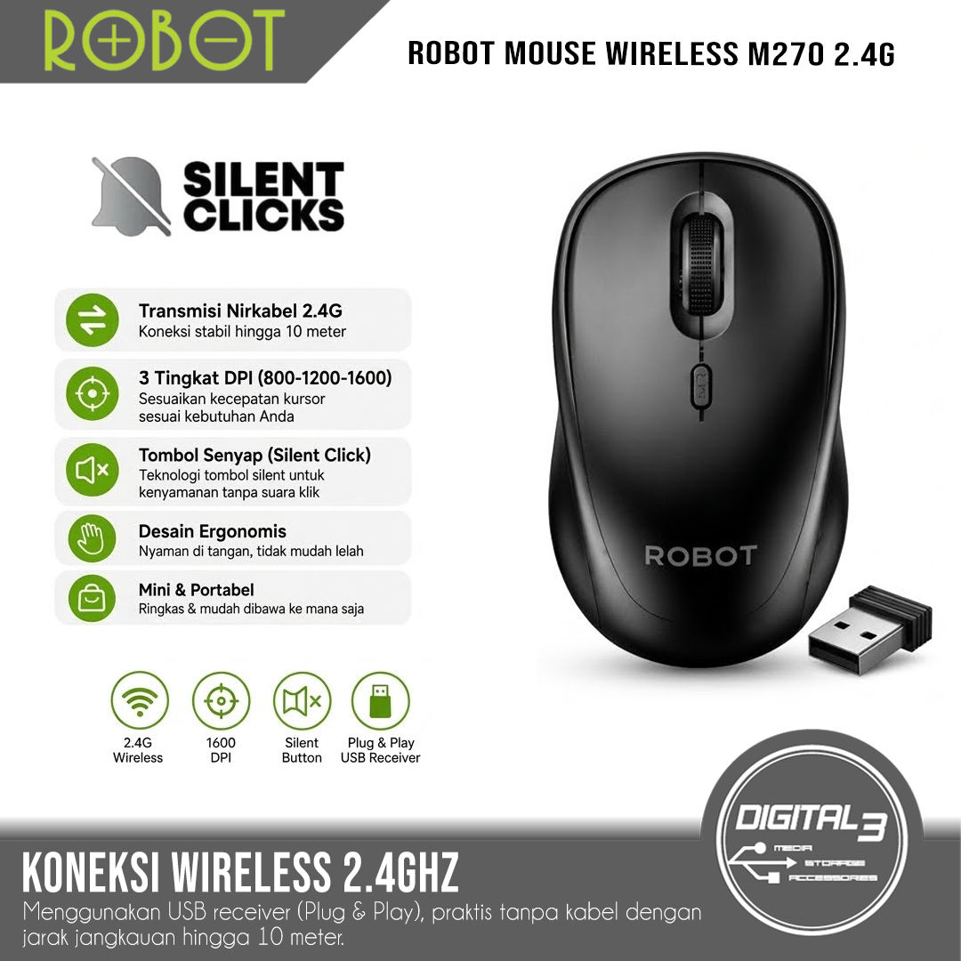 ROBOT Mouse Wireless M270 2.4G Silent Click Portable